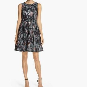 KAYA & SLOANE Cut-out Back Bonded Black Mesh Multicolor Fit & Flare Mini Dress